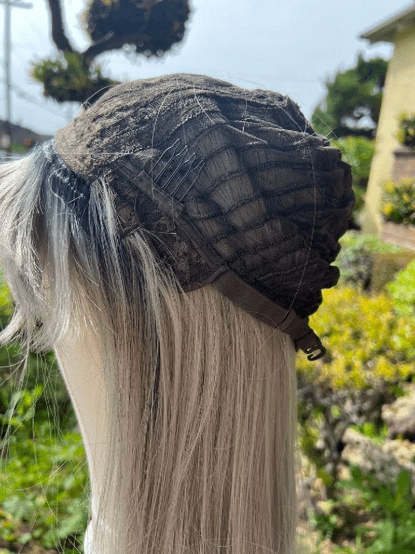 Ash Blonde Wig with Bangs Long Wavy Ombre Brown to Blonde Wig