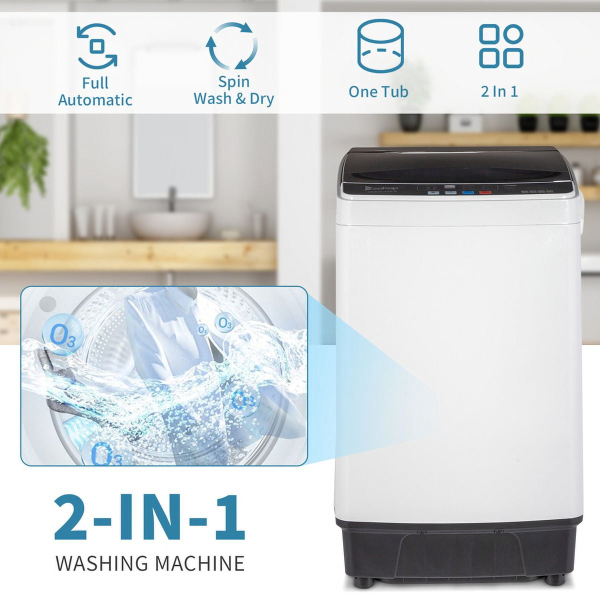 Full Automatic Washing Machine, ZPL 17.6lbs Compact Washer, 2 in 1 Portable Laundry Washer Spin with Drain Pump, Energy Saving Top Load Washer for Apartment Dorm