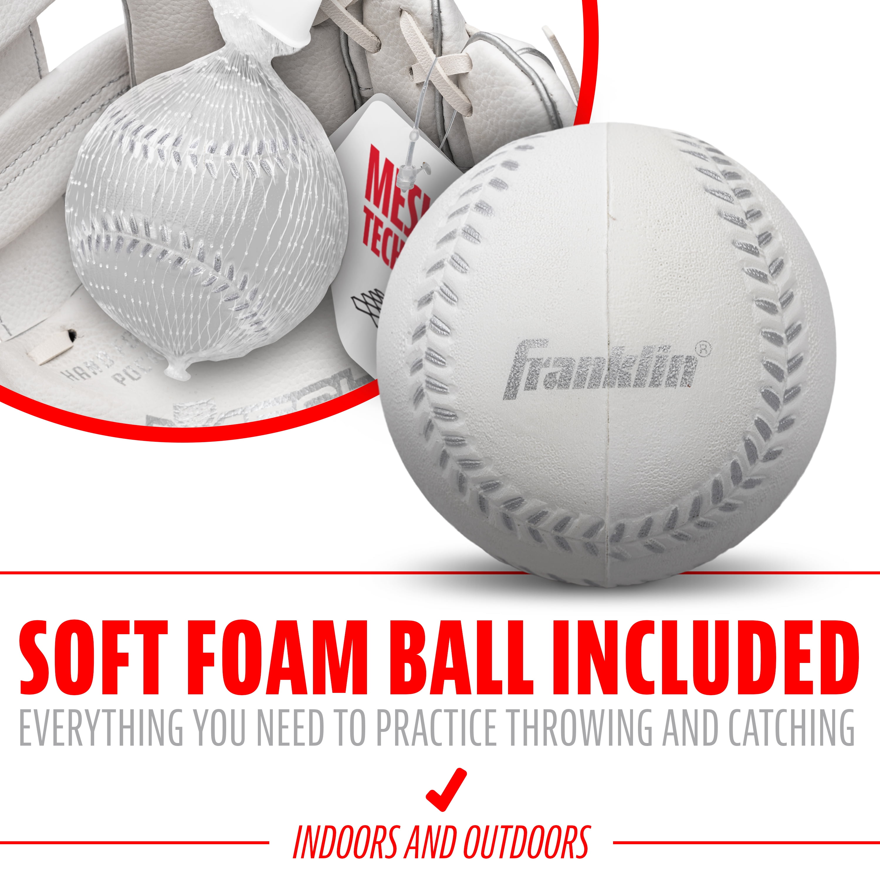 Franklin Sports Meshtek Kids Teeball Glove + Ball Set, 9.5 in, White/Chrome, Right Hand Throw