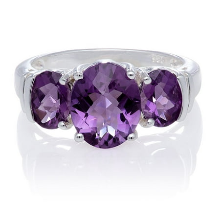 Amethyst Triple Oval Stones with White Topaz Sides Sterling Silver Ring, Size 7