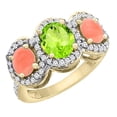 thumbnail image 1 of 10K Yellow Gold Natural Peridot & Coral 3-Stone Ring Oval Diamond Accent, size 5, 1 of 2