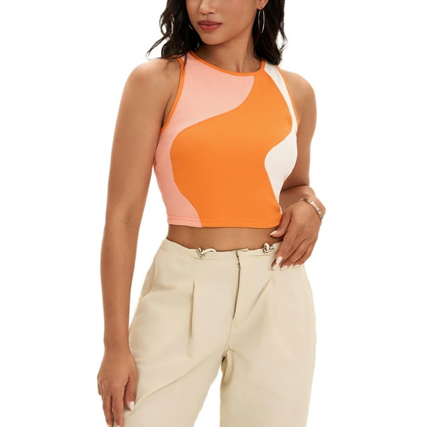 ATHLECHIC Camiseta sin mangas de verano de bloques de color para mujer, con cuello redondo, básica, crop, para salir, talla XL, naranja