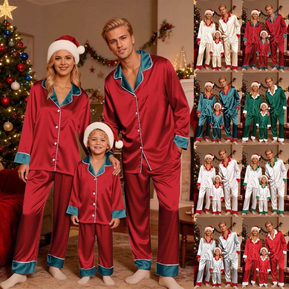 Shadoumai Christmas Pajamas for Family Silk Satin Holiday Matching Pajamas Sets Long Sleeve Button Down Comfy Loungewear Sets Family Christmas Pajamas Matching Sets Satin Pjs Outfits
