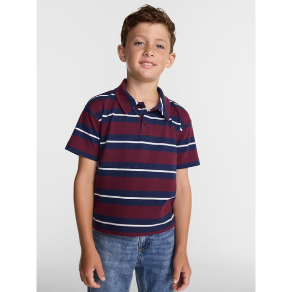 Wonder Nation Boys' Stripe Pique Knit Polo Shirt with Short Sleeves, Sizes 4-18