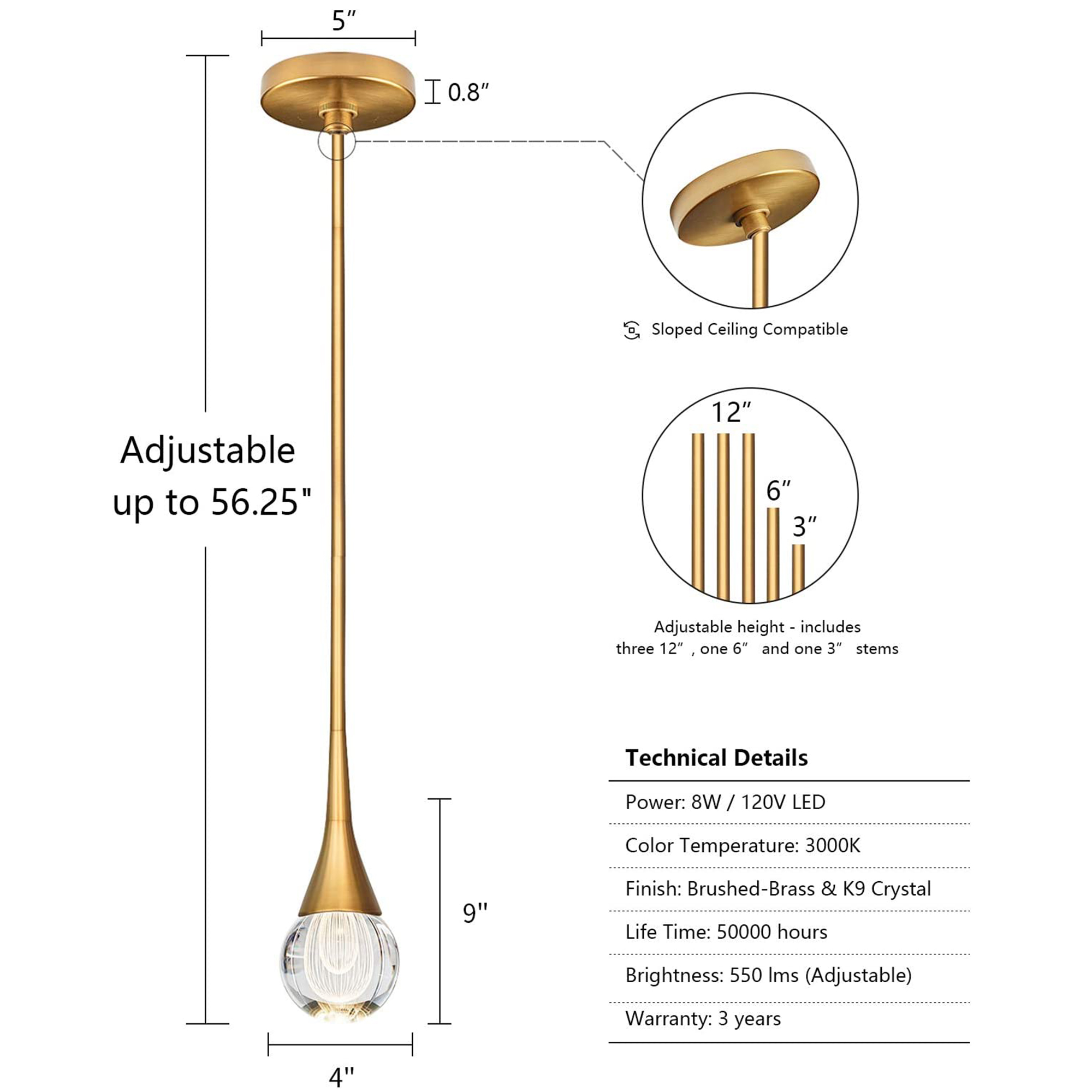 Eanloly LED Chandelier, Crystal Lighting Lamp, Ceiling Hanging, Assembled Length 42 inch, Gold