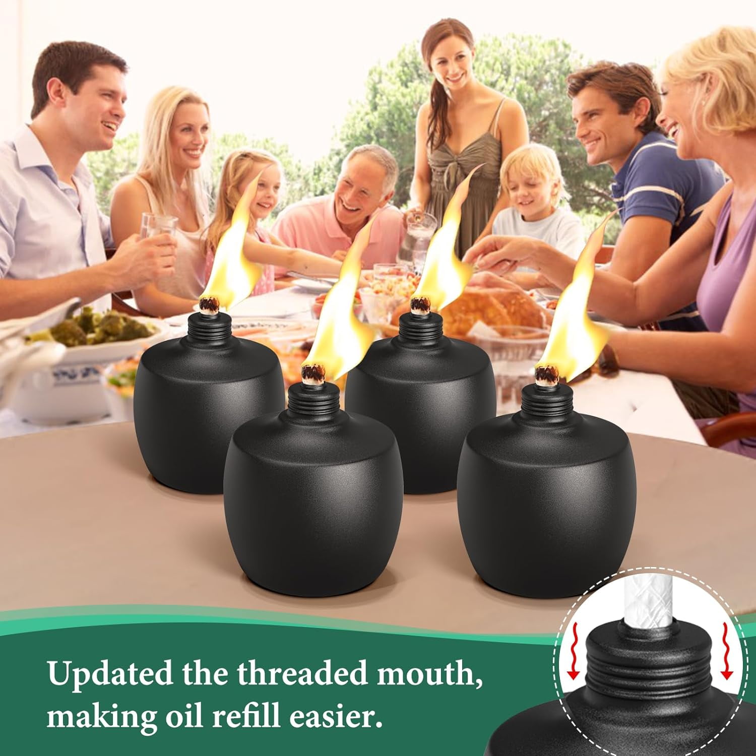 4-Pack Citronella Tabletop Torches,  21 oz Table Top Torches for Outdoor, Metal Oil Burner Candles, Garden Torches with Fiberglass Wick for Yard, Patio, Deck, Garden, Party, Landscape