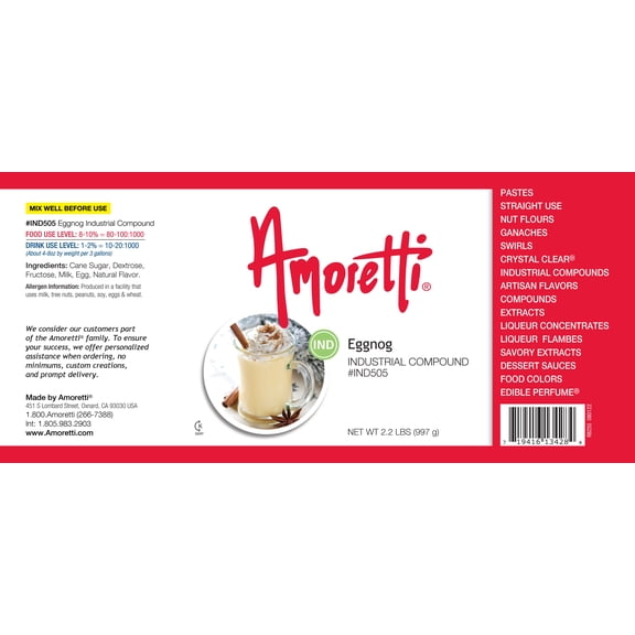 Amoretti - Eggnog Industrial Compound 2.2 lbs - Natural Flavors, Shelf Stable Even After Opening, Certified Kosher, TTB Approved, Perfect for Baking Applications & Beverages