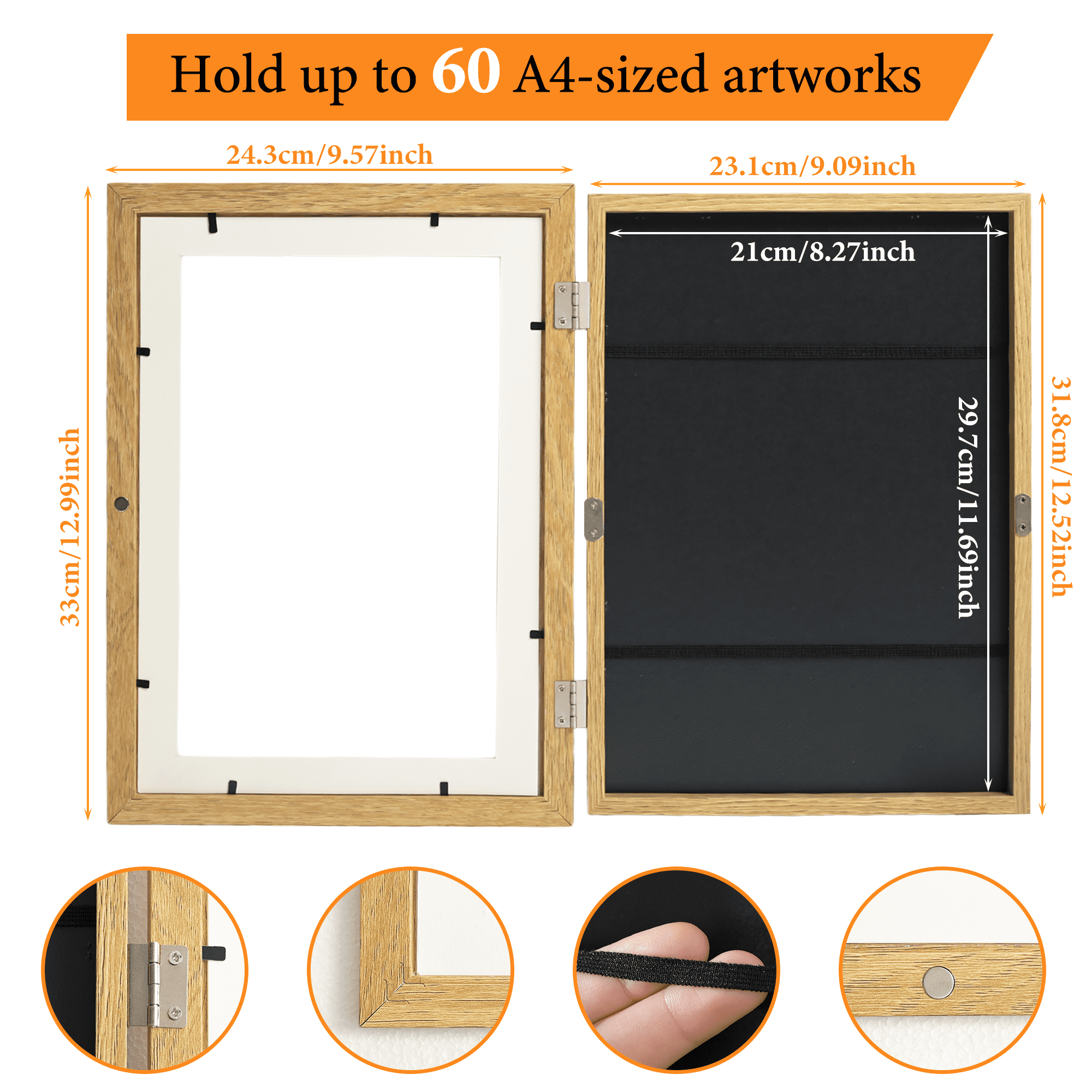 Storvive 4 Pack Art Frames, 8.27" x 11.69" Magnetic Front Opening Artwork Frames, Changeable Picture Storage Frames, Crafts Painting Art Display, Dark Wood