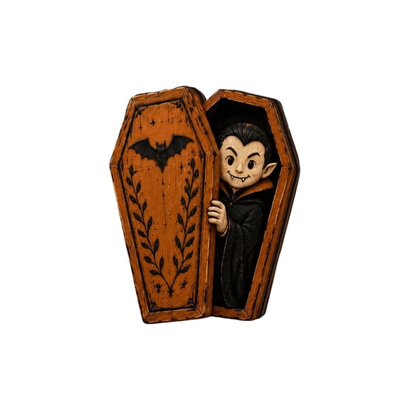 Halloween Decor Spooky Vampire Coffin Figurine for Home Tiered Tray Display Fall Season Party Accent Decor Hand Finished Wood Style Decoration for Shelf Tabletop Party Space