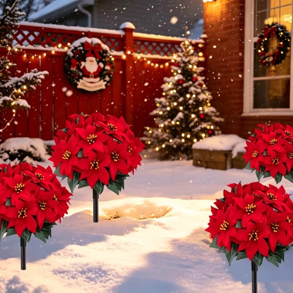 Christmas Poinsettia Ground Stake, Red Floral Yard Decor, Outdoor Garden Accent, Inserts Firmly into Soil and Withstands Weather for Walkway Border, Flower Bed, and Porch Display.