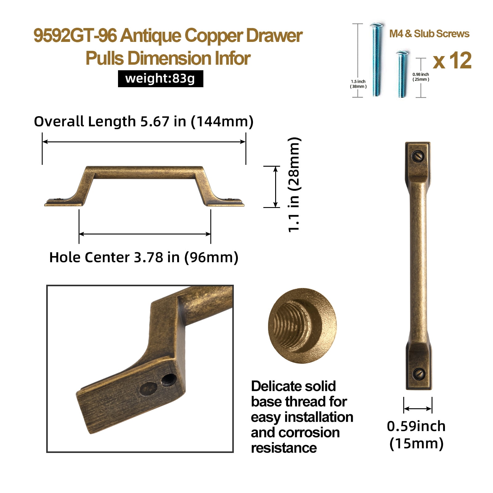 Goo-Ki 12 Pack Antique Brass Drawer Pulls Retro Cabinet Hardware, 3.78"(96mm) Hole Center Vintage Bronze Cabinet Dresser Handles for Bar Cupboard Closet Wardrobe