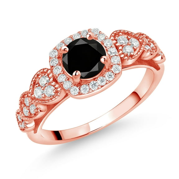 Gem Stone King 18K Rose Gold Plated Silver Black Diamond and White Moissanite Engagement Ring for Women (1.43 Cttw, Round 6MM, Gemstone April Birthstone, Size 8)