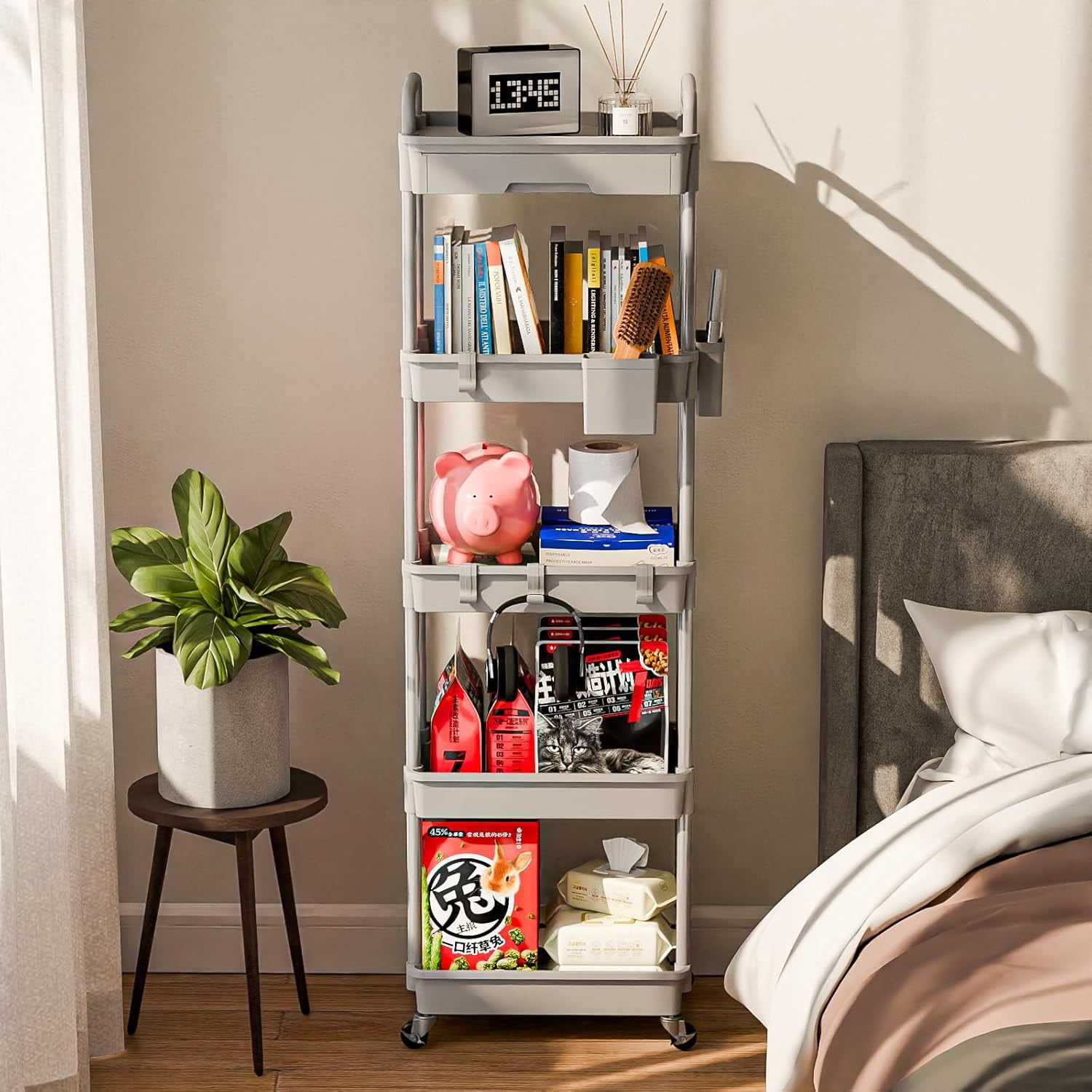 5 Tier Rolling Utility Cart, Mobile Storage Shelves with Wheels for Bathroom Laundry Office Home, Gray