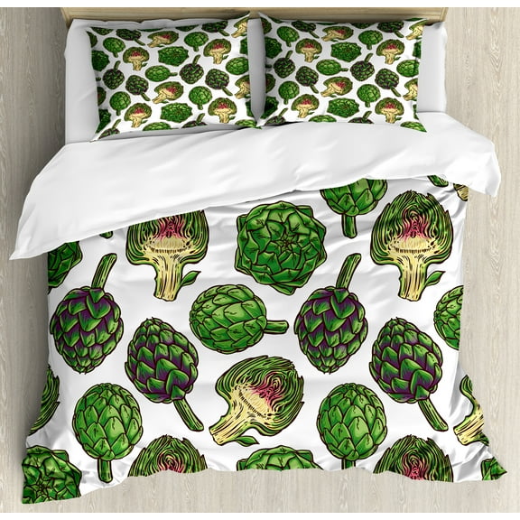 Artichoke Duvet Cover Set, Hand Drawn Food Art Slashed in Half Veggie Repetitive Ornament Garden to Cuisine, Decorative 3 Piece Bedding Set with 2 Pillow Shams, Calking Size, Fern Green, by Ambesonne