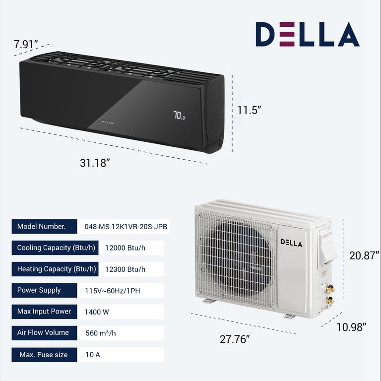 DELLA 12000 BTU Wifi Enabled 20 SEER Cools Up to 550 Sq.Ft 110-120V Energy  Efficient Mini Split Air Conditioner u0026 Heater Ductless Inverter System,  with 1 Ton Heat Pump (JPB Series) - Walmart.com
