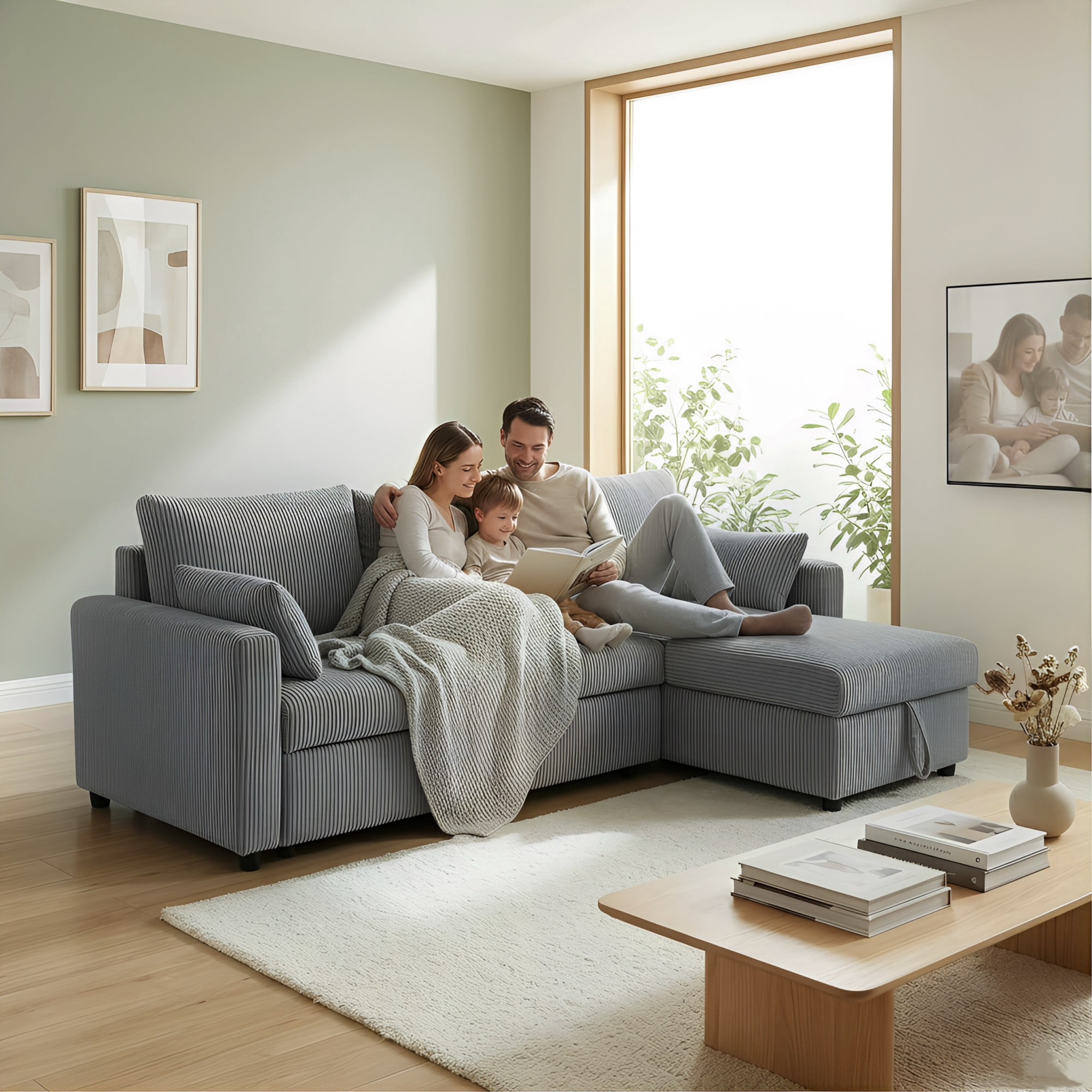 Gewnee 3-Seater Corduroy Sectional Pull Out Sleeper Sofa Bed with Storage, Couch for Living Room, Apartment, Office, Dark Gray