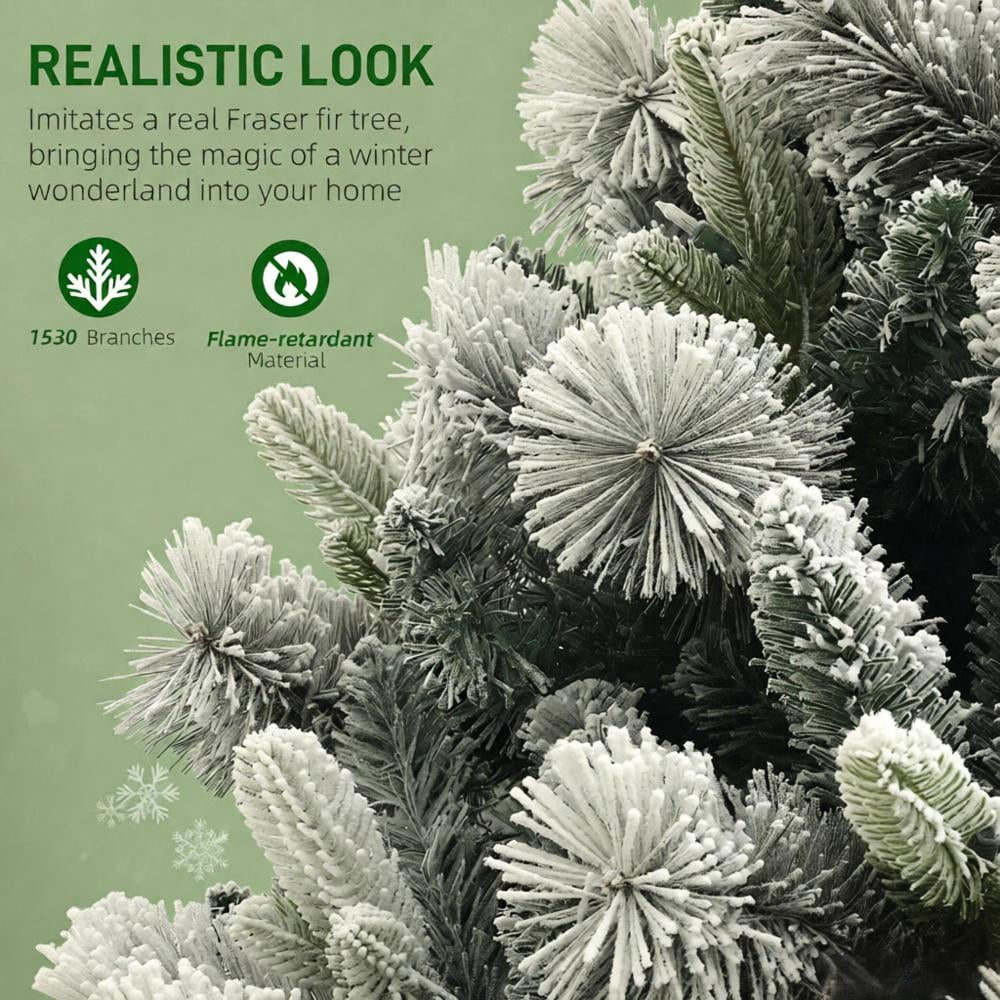 7.5ft Prelit Snow Flocked Christmas Tree with 500 Clear Lights 1530 Tips Auto-Open Branches Indoor Decor