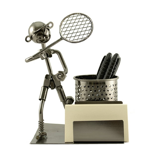 Metal Tennis Player with Racket Pencil Pen and Business Card Holder