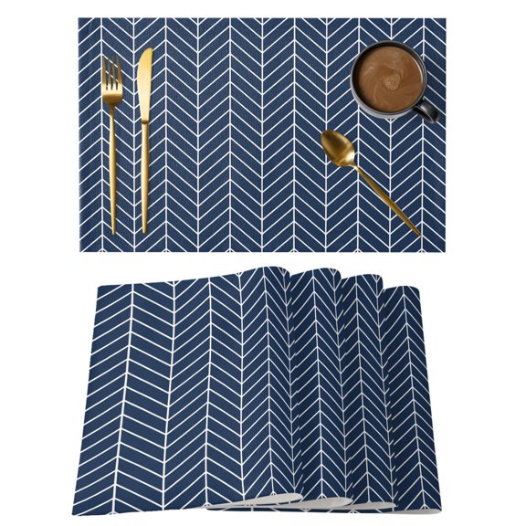 Abstract Blue White Chevron Texture Placemats Set of 6,Wipeable Washable Table Mats for Dining Tables, Geometric Herringbone Place Mats for Kitchen Event Party Tabletop Decor