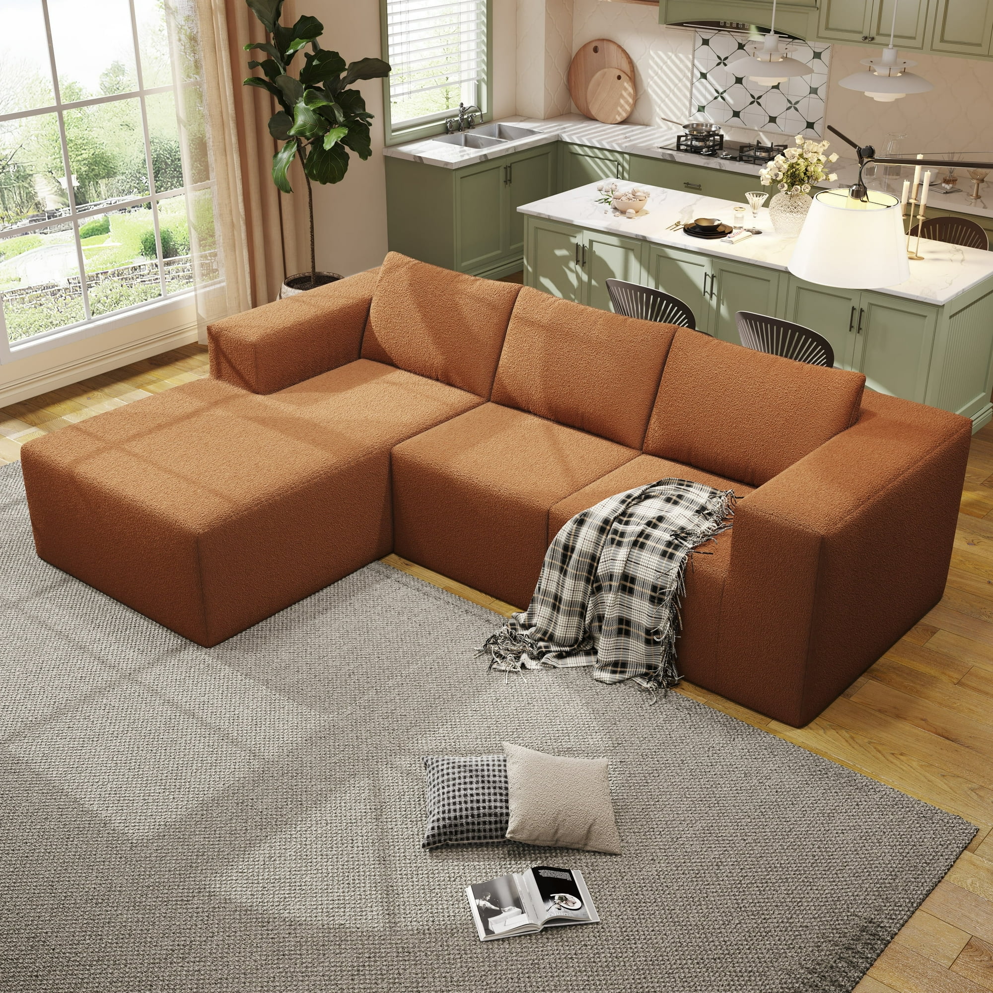 L-Shaped Teddy Fabric Sectional Sofa, 3-Seat Modern Couch with