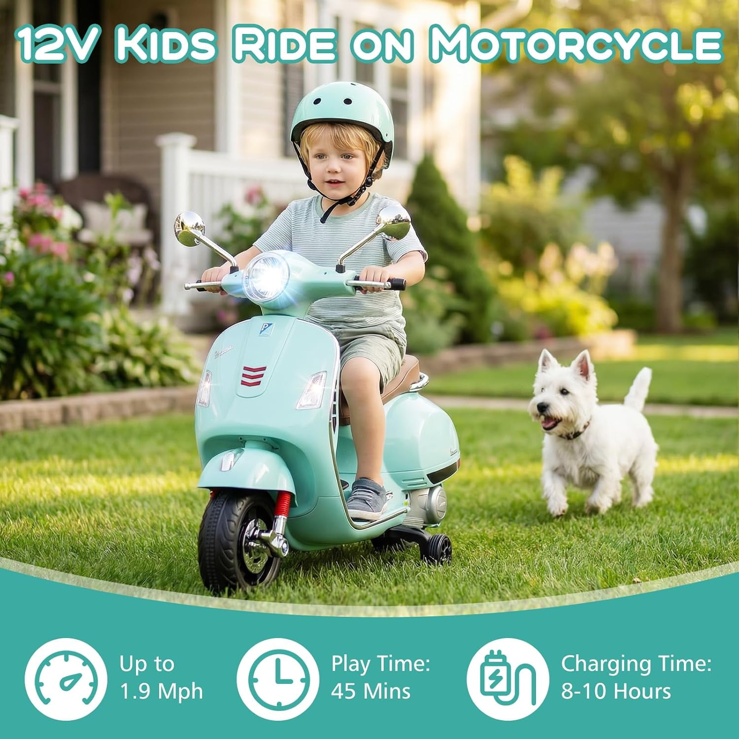 Licensed Vespa 12V Kids Motorcycle by OLAKIDS with Training Wheels, Music, Story, Horn, Lights for 3-6 Years