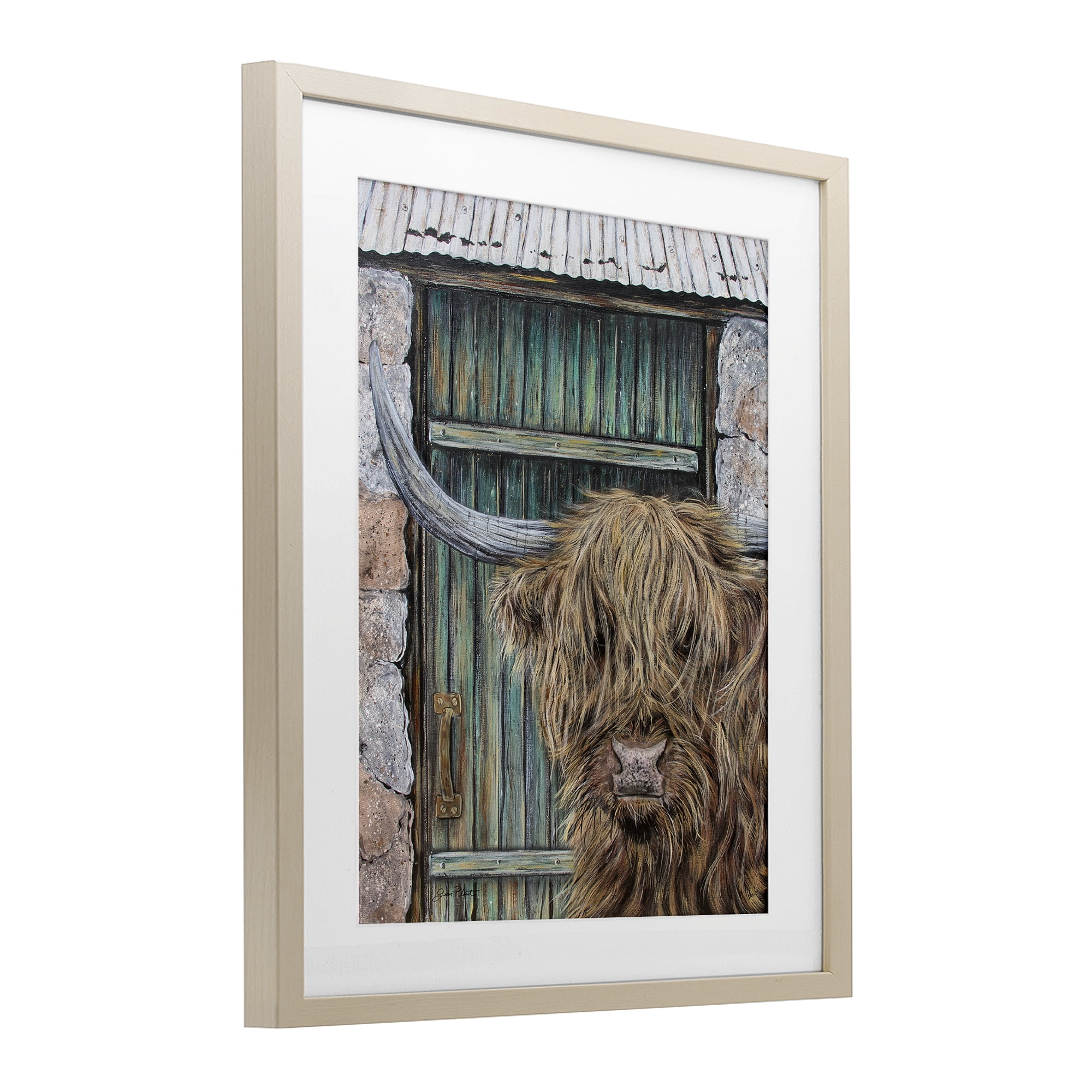 Highland Cow by Barn Door Birch Framed Print Under Glass, design by Jean Plout