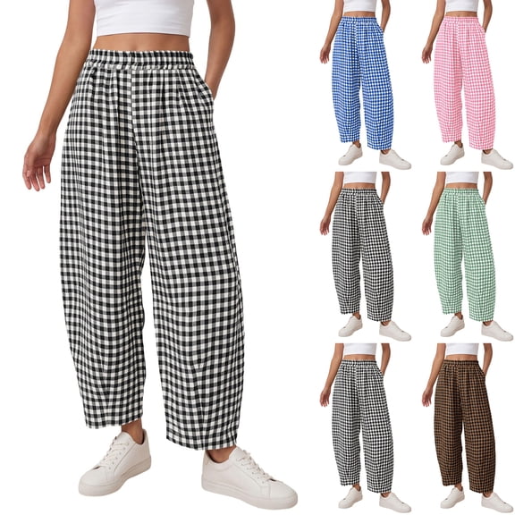 Inglocry Plaid Barrel Pants with Pockets Women Summer 2026 Casual Loose Drawstring Wide Leg Lounge Gingham Trousers Spring Fashion Beach Bottoms Black S
