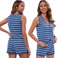 thumbnail image 3 of Conjunto de 2 Piezas para Mujer, de Verano, de Punto A Rayas, con Botones, Cuello en V, Chaleco y Pantalones Cortos. Azul M, 3 of 7