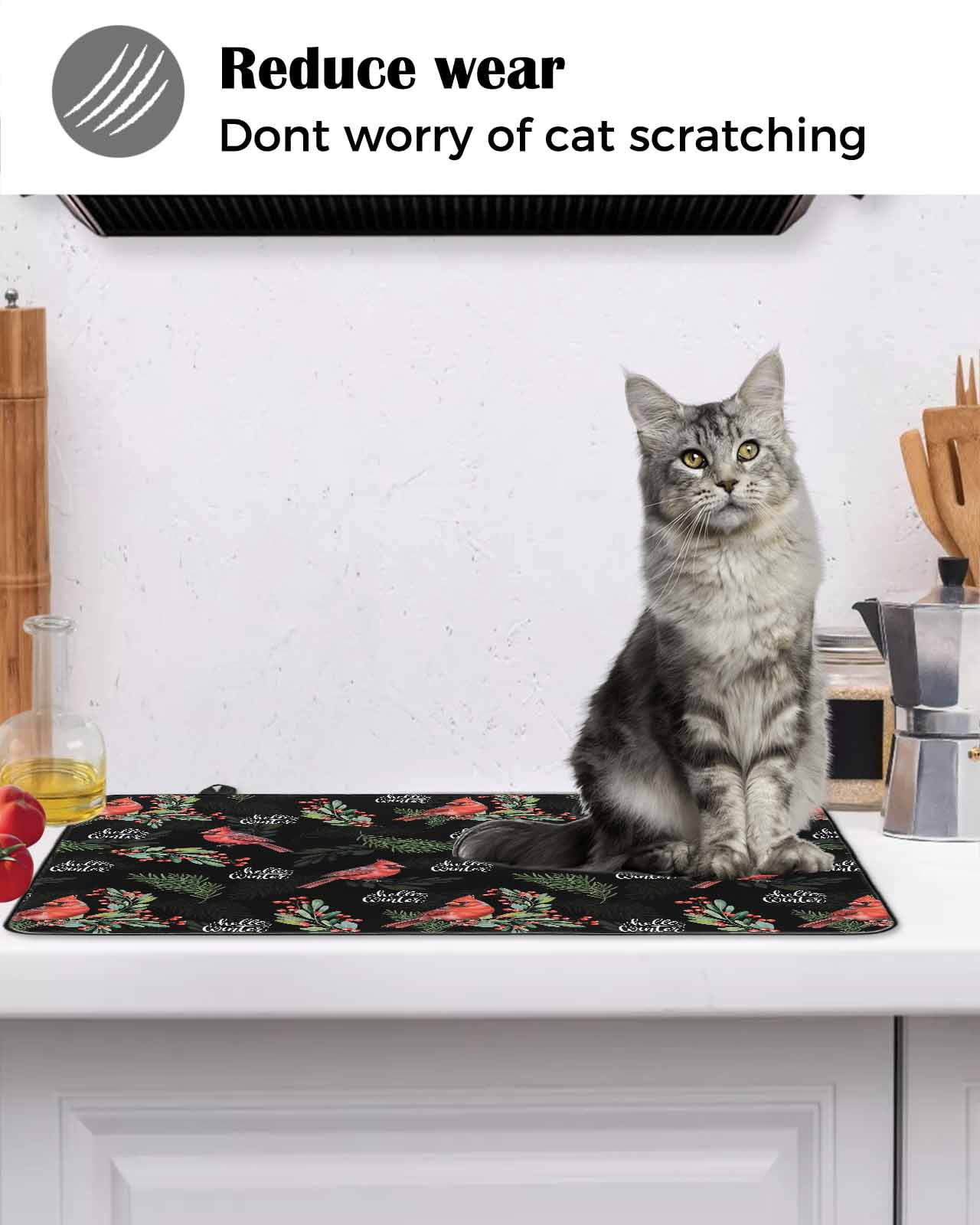Large Induction Cooktop Protector Mat Cardinal Bird Stove Top Covers for Electric Stove, Holly Branches Berry Winter Botanical Black Decorative Stove Burner Cover Mats, Glass Top Stove Cover