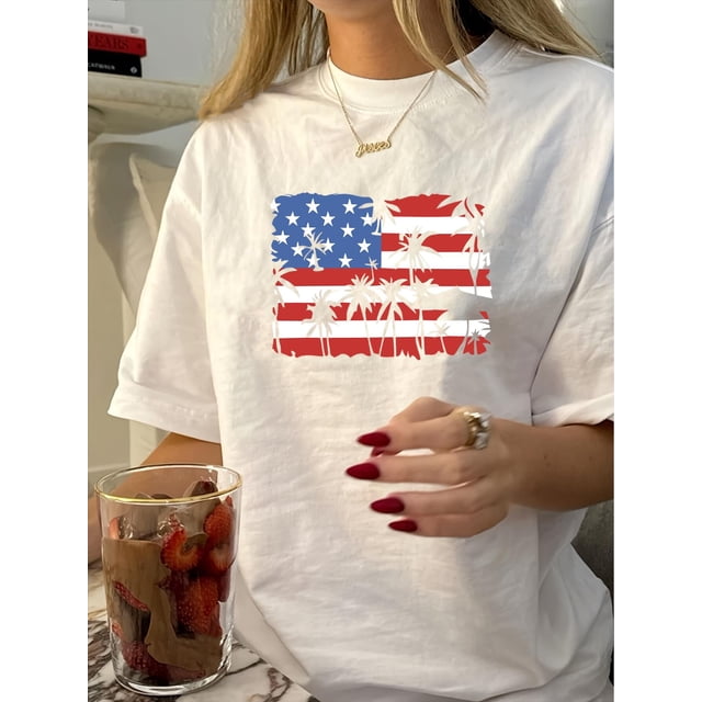 Women'S Vintage American Flag & Palm Tree Print T-Shirt, Polyester Crew Neck Tee, Short Sleeve, Regular Length, Knit Fabric, Geometric Pattern, Casual Summer Top