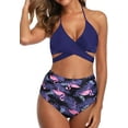 thumbnail image 3 of Women Halter Bikini High Waisted Swimsuits Cross Wrap Two Piece Strappy Bathing Suits Blue Flamingo (L, 3 of 6