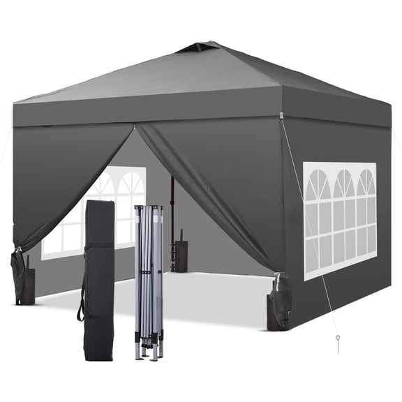 Outdoor Basic 10'x10' Easy Set Up Camping Canopy, Pop Up Canopy Tent with 4 Piece Sidewalls & Adjustable Height, for Events, Parties, Gatherings, Camping,Gray