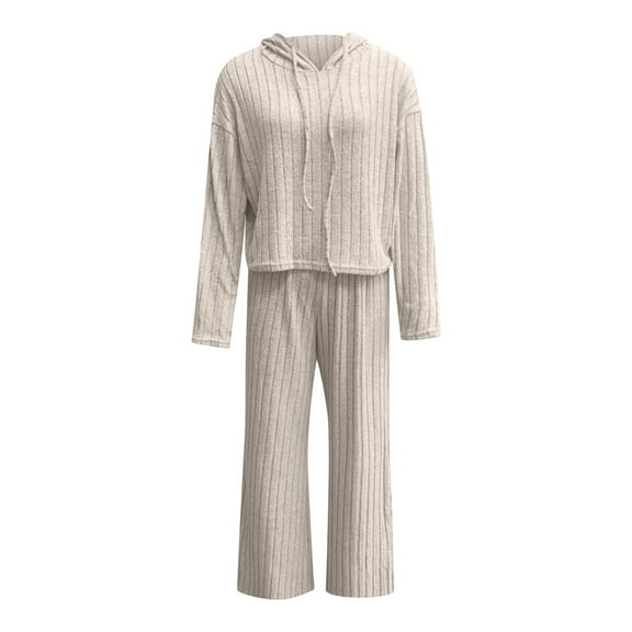 Womens Sweatsuits 2 Piece Set Womens Loose Knit Long Sleeve Hoodie With Wide Pants 2 Piece Set Jogging Suits Women Beige M