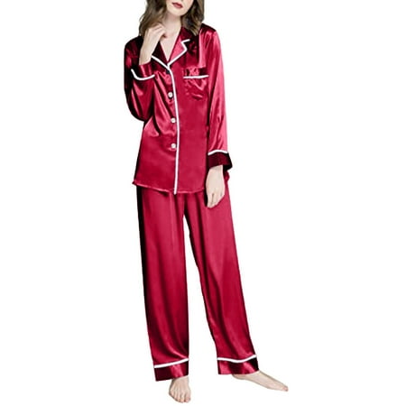 

Monunke Women Long Sleeve Like Silk Pajamas Two Piece Sets