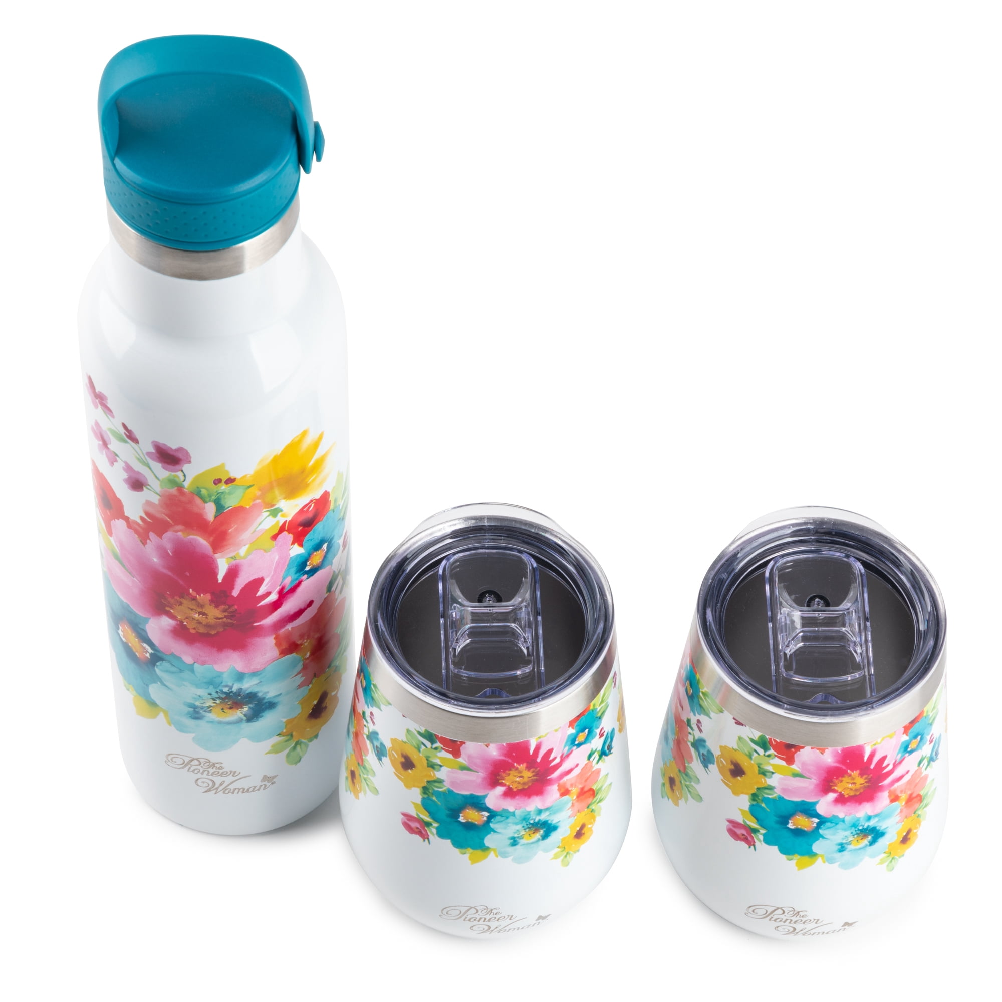 The Pioneer Woman Stainless Steel Tumbler 25 fl oz, Floral, with 2 Wine Tumblers