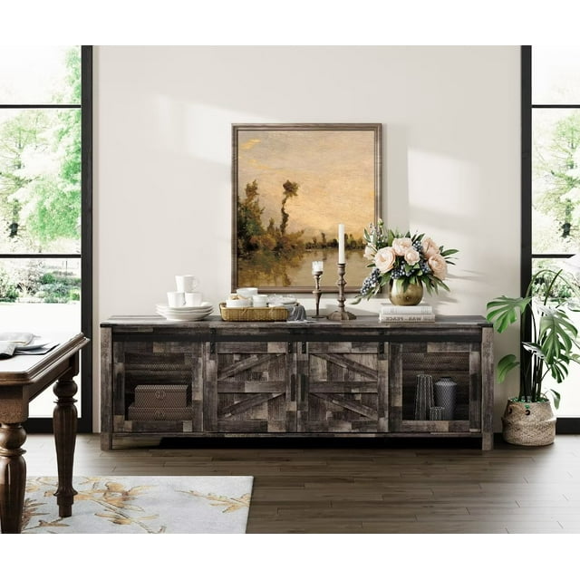 WAMPAT TV Stand for 75 Inch TV with Sliding Barn Door for Living Room Bedroom, Dark Rustic Oak