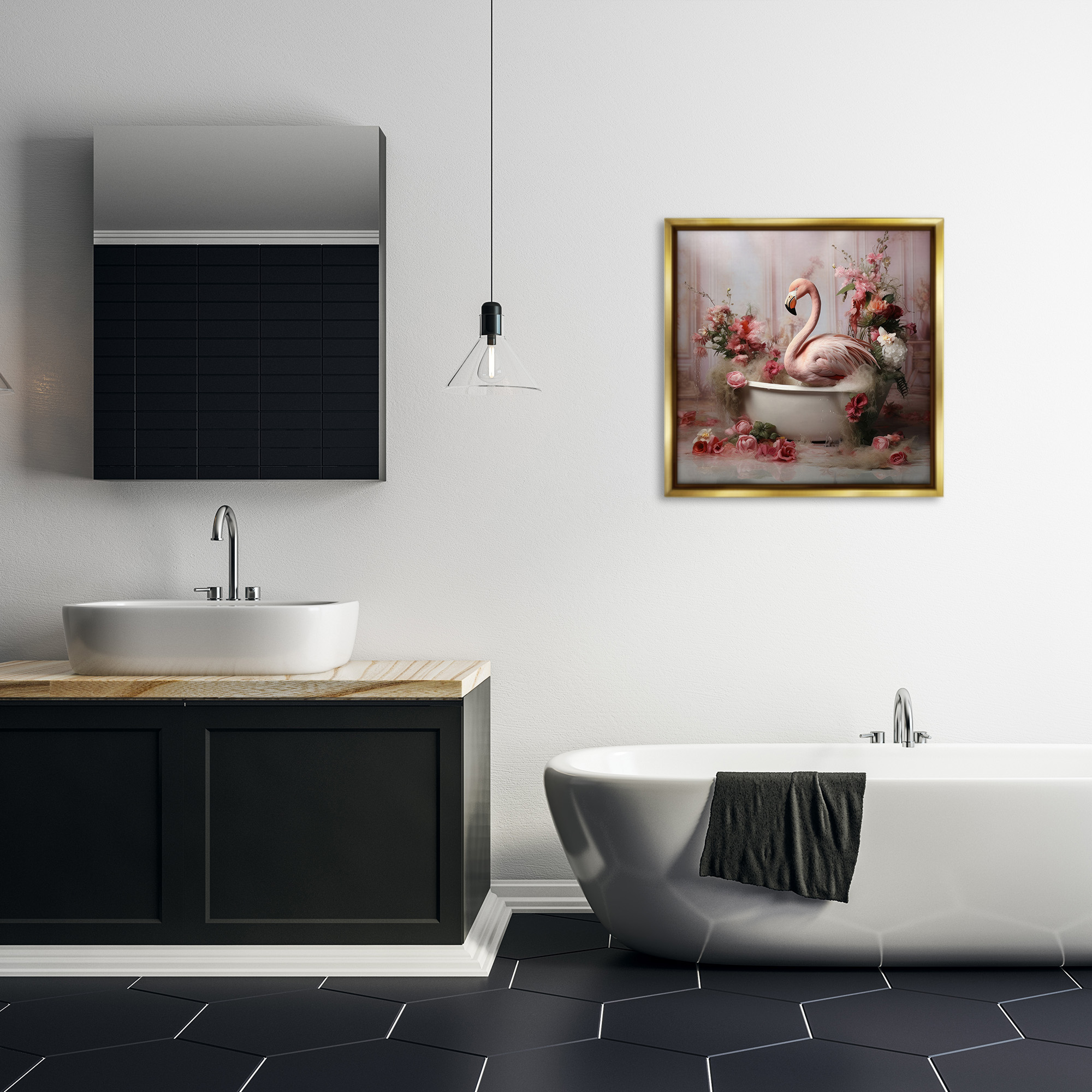 Stupell Industries Flamingo in Stately Bathroom Animals & Insects Painting Gold Floater Framed Canvas Art Print Wall Art, 25 x 25