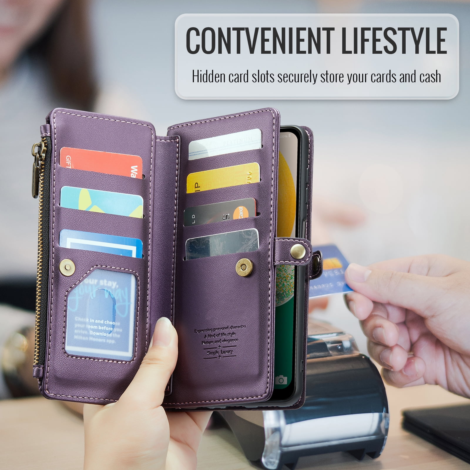 Compatible with Samsung Galaxy A13 5G Zipper Wallet Phone Case Tempered Glass Screen Protector Crossbody Lanyard Strap Flip Card Holder Slot Cell Cover for A04S M13 A 13 2022 13A A135G Women Purple