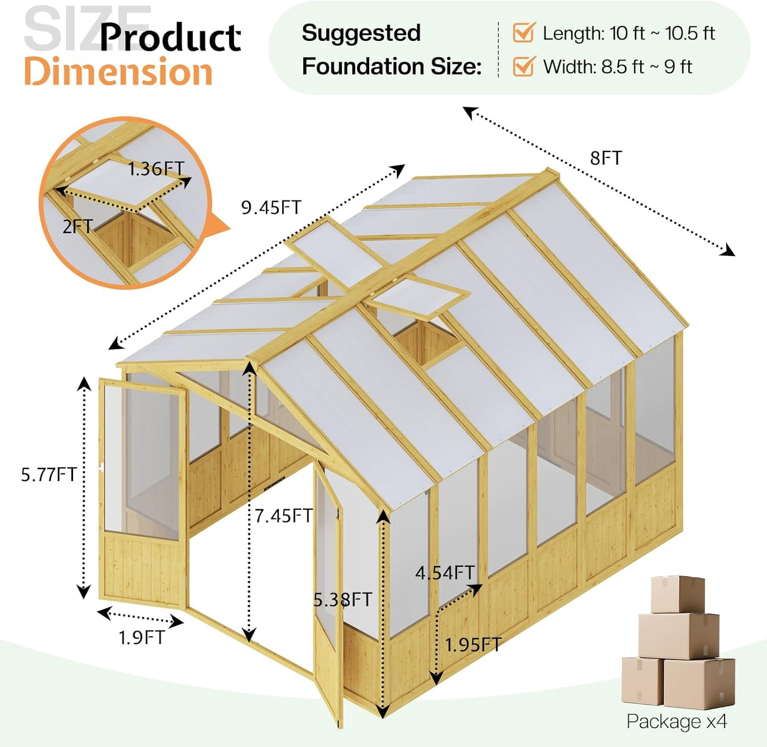 Jocisland 8x9.5 ft Wooden Greenhouse with Lockable Door, Walk-in Cedar Structure, Adjustable Roof Vents, Polycarbonate Panels for Outdoor, Garden