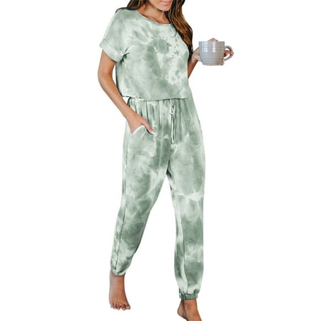 

Summer Short Sleeve Pajamas Sets Women Elastic Waist Pants and Crew Neck T-Shirt