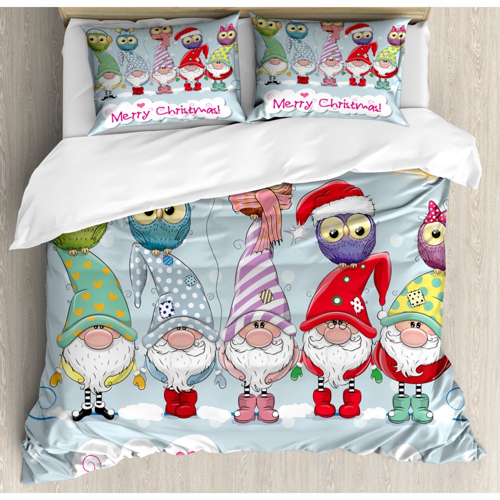 Christmas Duvet Cover Set, Funny Colorful Clothes Gnomes and Owls on Their Heads on Pastel Tone