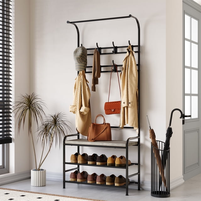 Ourlova Hall Tree Storage Bench for Entryway, Coat Rack Shoe Bench with Storage Drawer, 5-in-1 Coat Rack Storage Shelf and 8 Hooks, Coat Tree