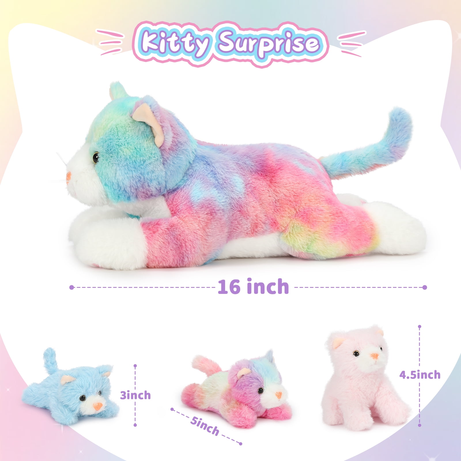 MaoGoLan 4 Piece Cat Stuffed Animals 15.7 inch Mom Plush Cat with 3 Kittens Stuffed in Zipper Pouch Stuffed KittenToys