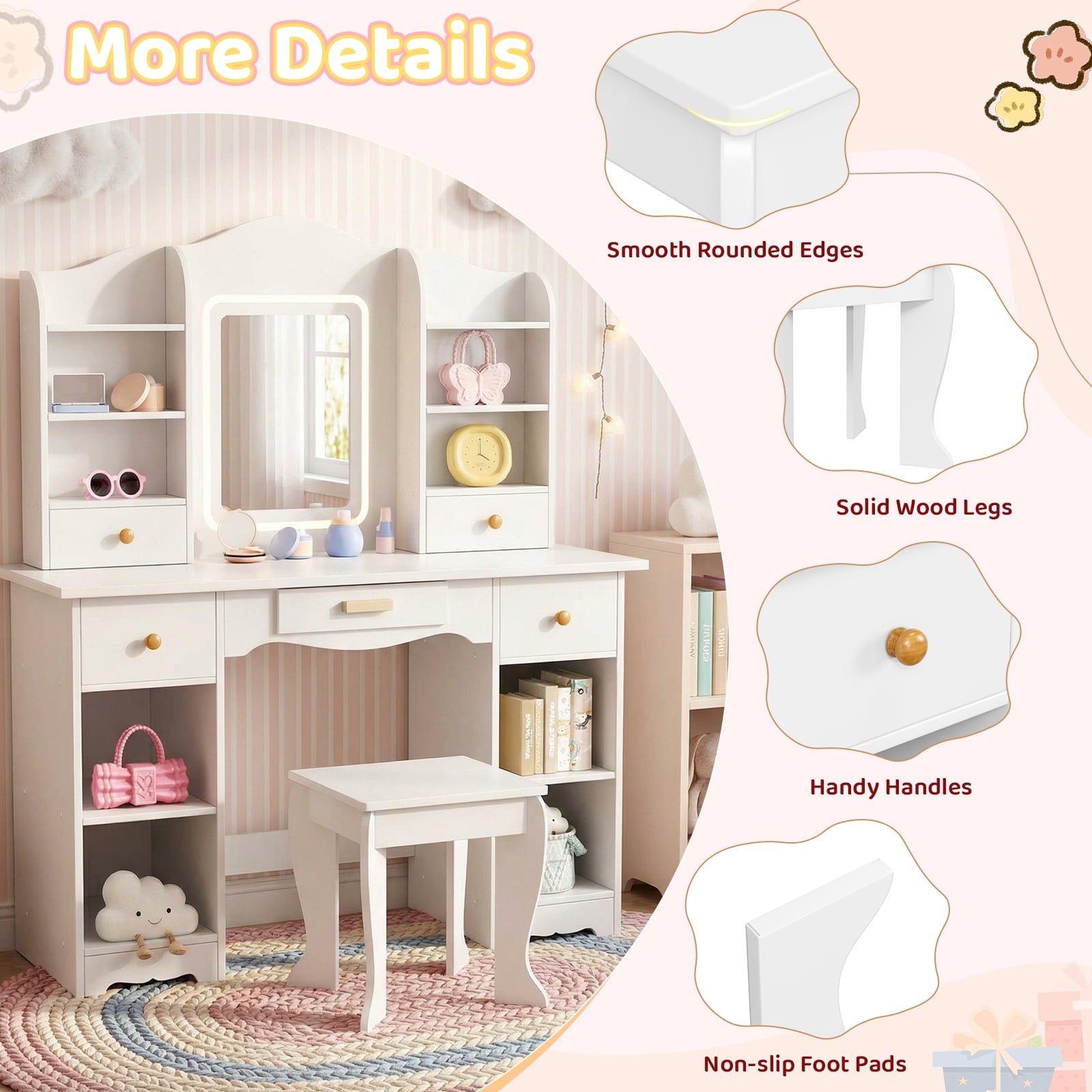 Pirecart 2 in 1 Kids Vanity Set, Pretend Play Makeup Desk with Mirror＆ Drawer, 3 Color Lights, Large Storage, Detachable shelf, White
