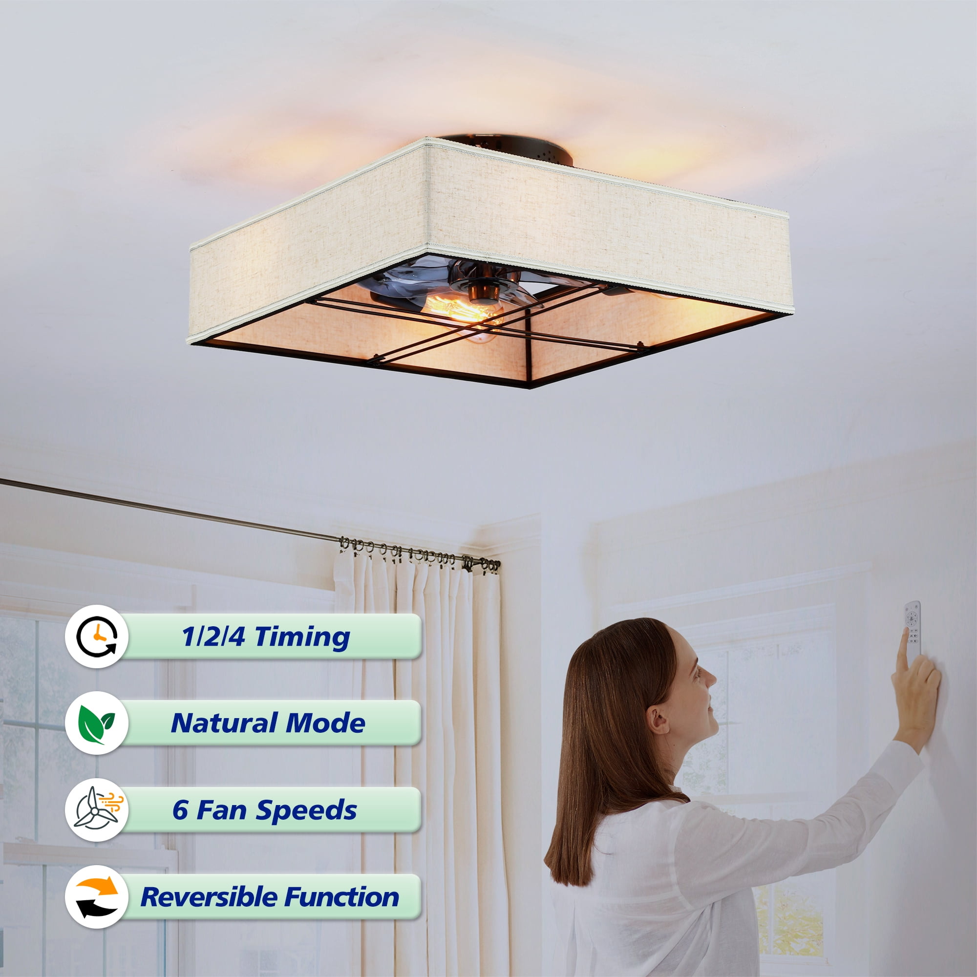 Leumius 16.6" Square Fabric Farmhouse Ceiling Fan with Light and Remote Control,Low Profile Modern Enclosed Ceiling Fans with Reversible Motor for Living Room,Bedroom,Kitchen (NOT Included Bulbs)
