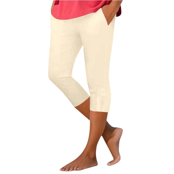 Minjewel Capri Pants for Women - Casual Stretch High Waist Abdominal Yoga Pants Soft Compression - Workout Base 7/8 Length Bottoms,Beige L