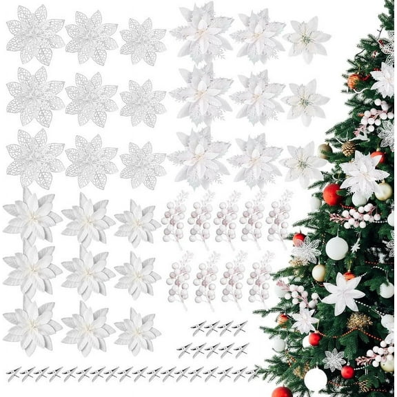 Vorkoi 36 Pcs Christmas Poinsettia Artificial Flowers Decorations Glitter Poinsettia with Clips for Christmas Tree Ornaments Xmas Holiday Wedding Garland Party Decor 6 Inch 4 Inch 3 Inch