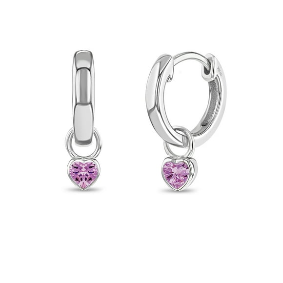 925 Sterling Silver Simulated Pink Tourmaline Heart Charm Girls Hoop Earrings