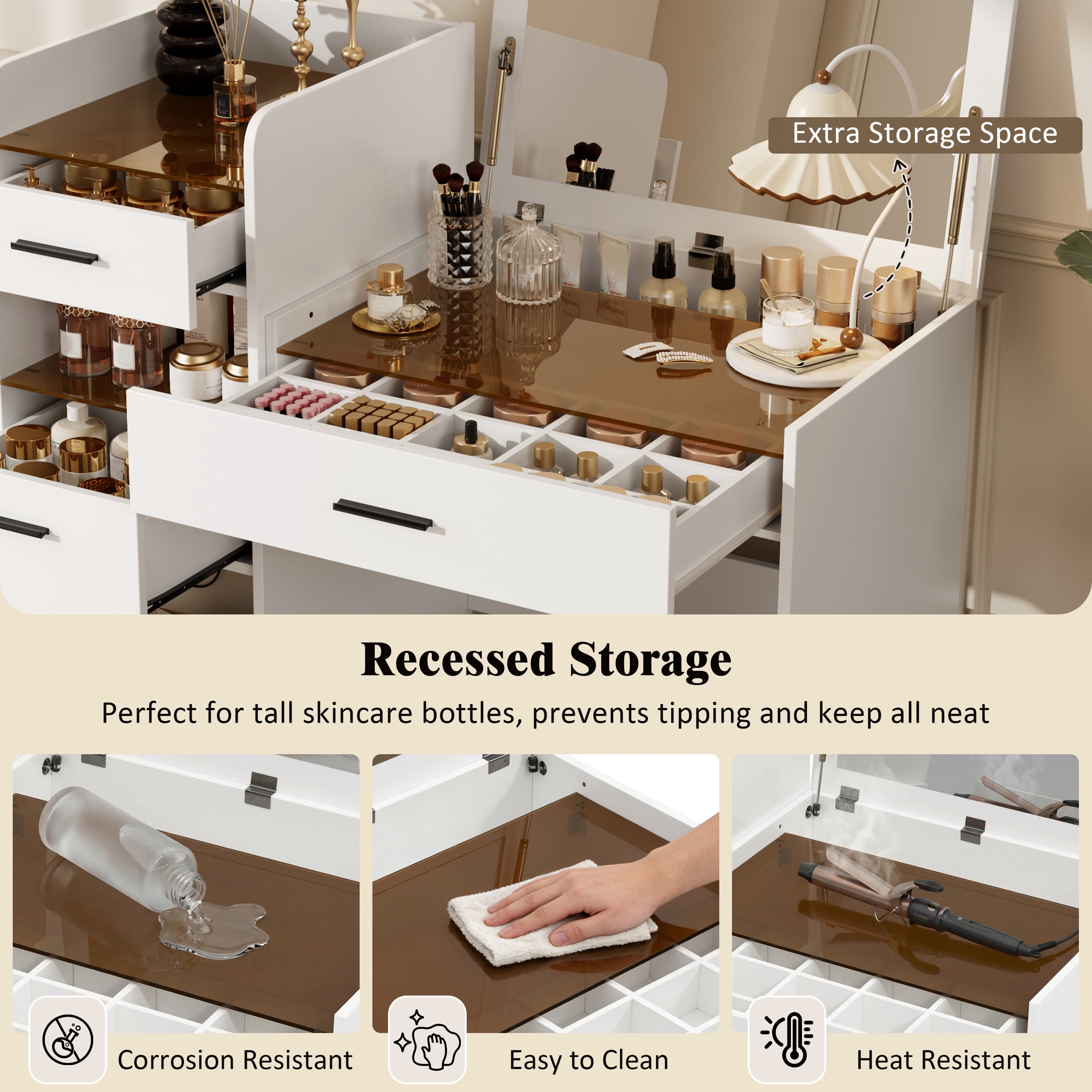 Space-Saving 3-in-1 Vanity Desk with Flip Top Mirror and Hidden Storage, Glass Top Makeup Table with 3 Drawers and Cabinet for Bedroom, White