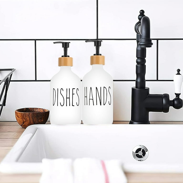 Dish Soap Dispenser and Hand Soap Dispenser with Bamboo Pump and Tray 16 Oz  Matte White Soap Dispenser Set for Kitchen Sink 